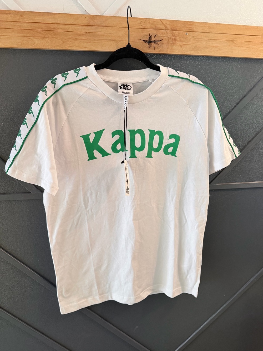 Kappa White Short Sleeve Tee with Green Logo and Shoulder Tape